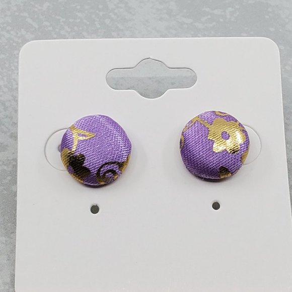 Women's Purple Gold Fabric Texture Round Postback Handmade Earrings - Picture 1 of 1